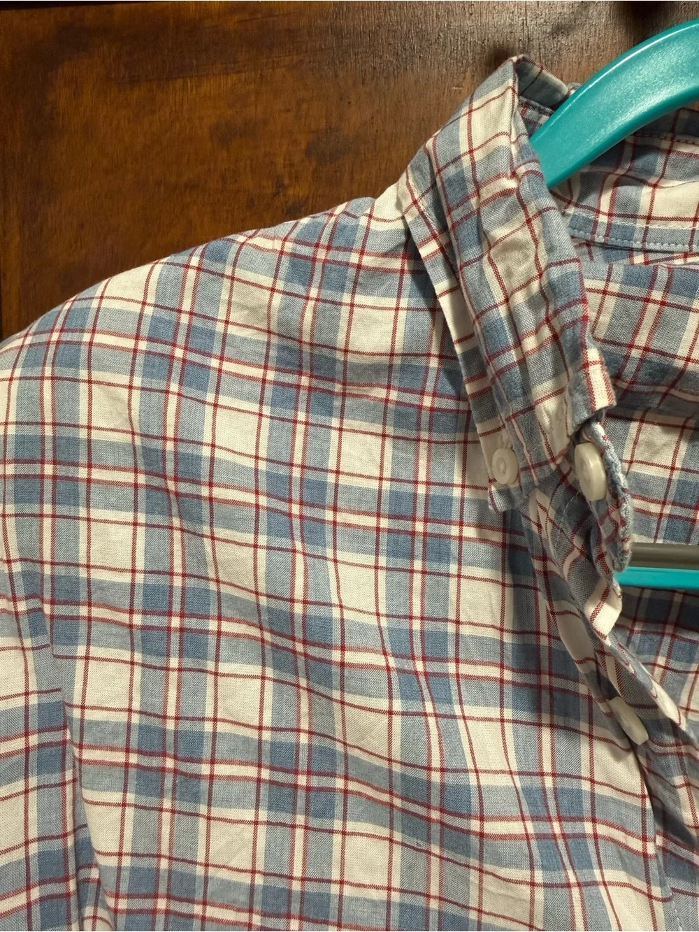 J. Crew Blue and White Plaid Button-Down Shirt with Red Accents
